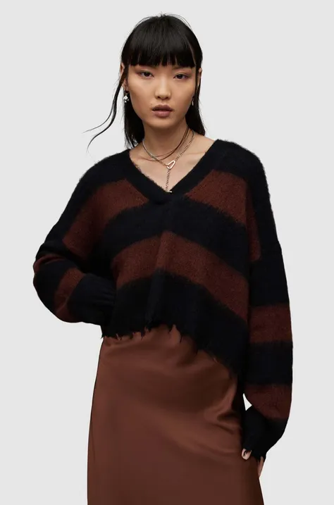 Pulover s dodatkom vune AllSaints LOU CROP za žene, boja: smeđa
