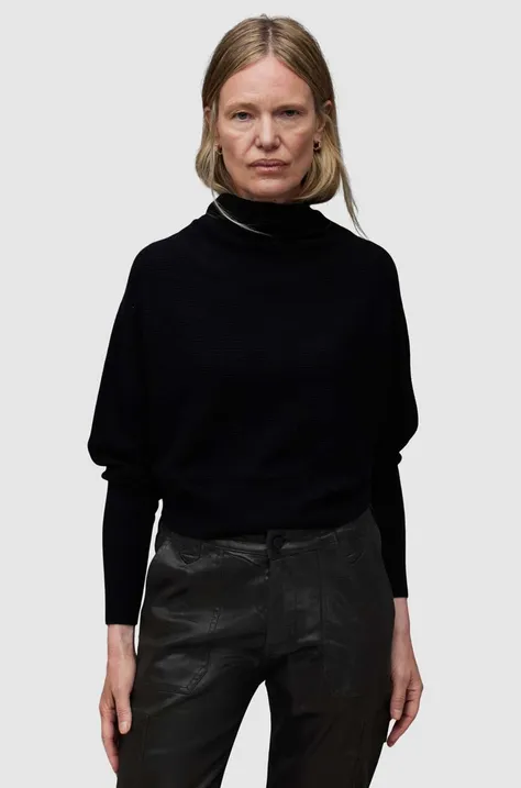Vuneni pulover AllSaints RIDLEY CROP za žene, boja: crna, s dolčevitom