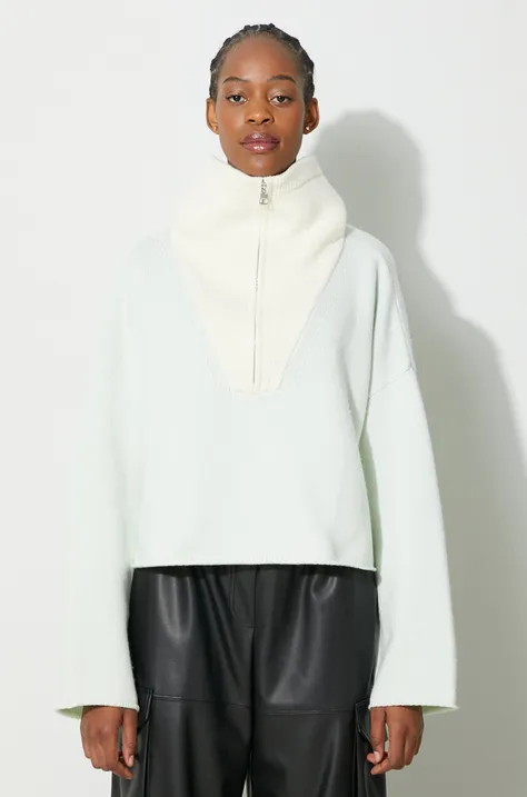 JW Anderson sweter wełniany damski kolor turkusowy z półgolfem KW0579.YN0157