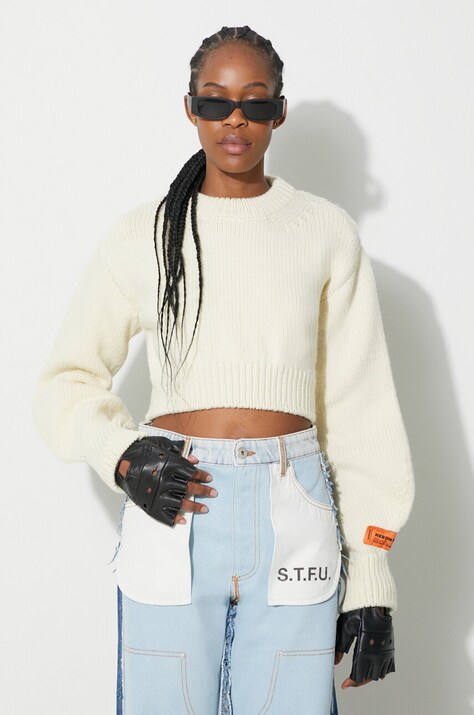 Вълнен пуловер Heron Preston Crop Crewneck Back Cut Out дамски в бежово от топла материя HWHE021F23KNI0010400