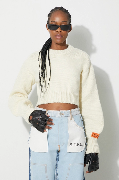 Heron Preston sweter wełniany Crop Crewneck Back Cut Out damski kolor beżowy ciepły HWHE021F23KNI0010400