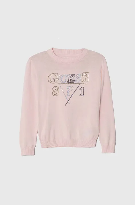 Детски памучен пуловер Guess в розово от лека материя
