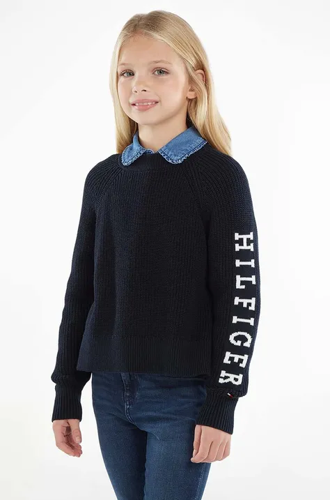 Детски памучен пуловер Tommy Hilfiger в тъмносиньо от топла материя