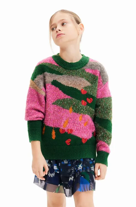 Desigual sweter z domieszką wełny dziecięcy kolor różowy