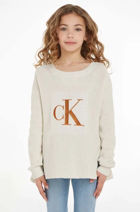 Detský bavlnený sveter Calvin Klein Jeans béžová farba