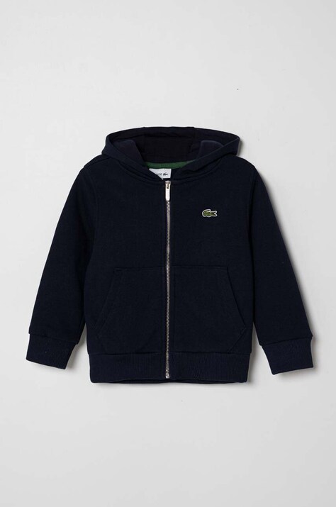 Детская хлопковая кофта Lacoste цвет синий с капюшоном однотонная
