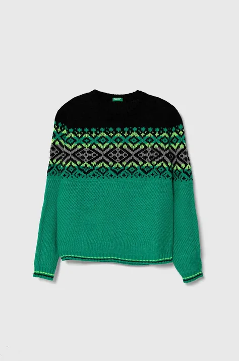 Detský sveter s prímesou vlny United Colors of Benetton zelená farba