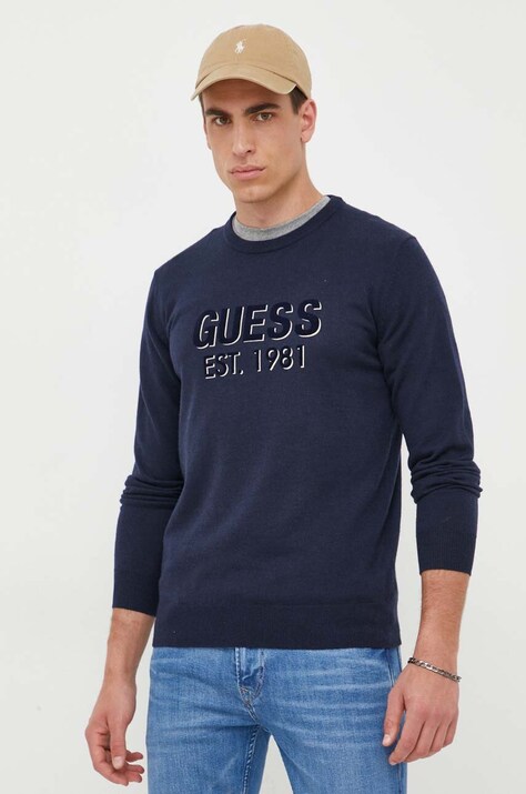Пуловер с коприна Guess в тъмносиньо от лека материя