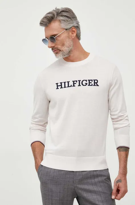Bombažen pulover Tommy Hilfiger bež barva