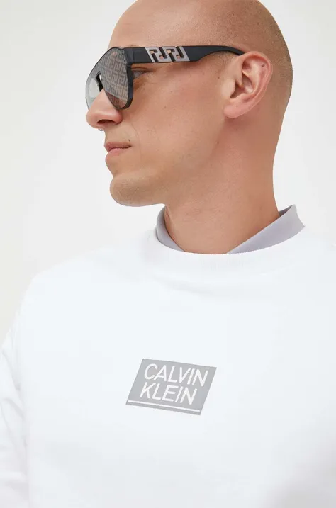 Bavlnená mikina Calvin Klein pánska, biela farba, s potlačou