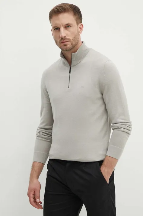 Vlnený sveter Calvin Klein pánsky, šedá farba, tenký, s rolákom