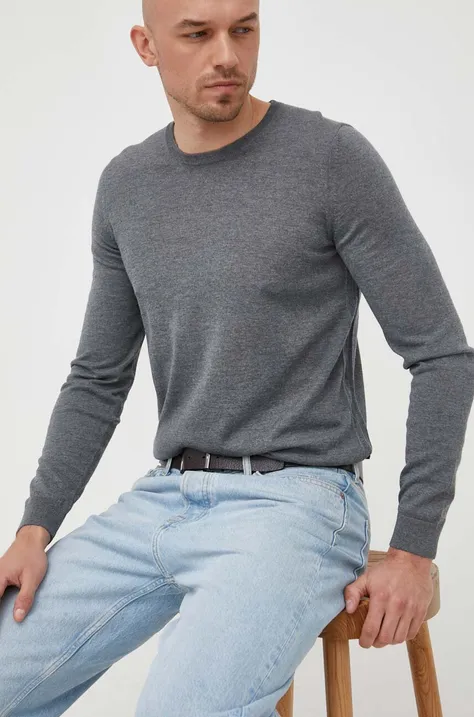 Vuneni pulover BOSS za muškarce, boja: siva, lagani