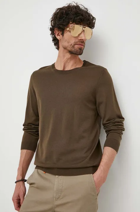 Вовняний светр BOSS чоловічий колір зелений легкий