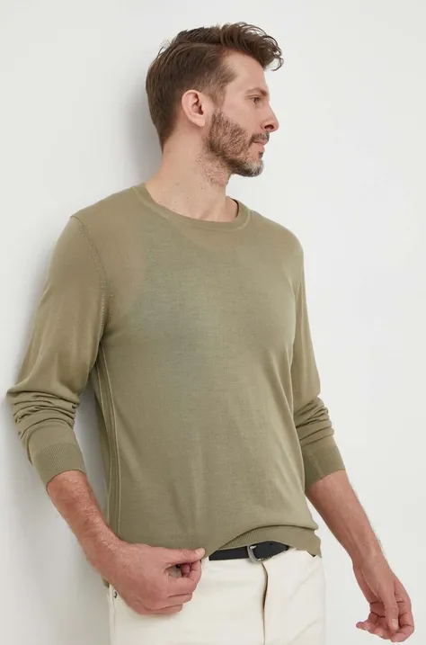 Вовняний светр BOSS чоловічий колір зелений легкий