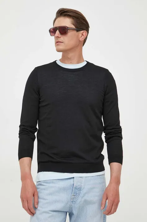 Шерстяной свитер BOSS мужской цвет чёрный лёгкий