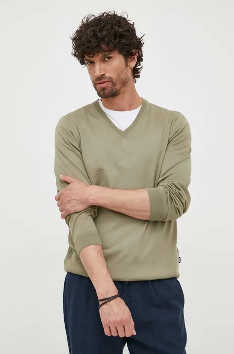 Μάλλινο πουλόβερ BOSS ανδρικά, χρώμα: πράσινο