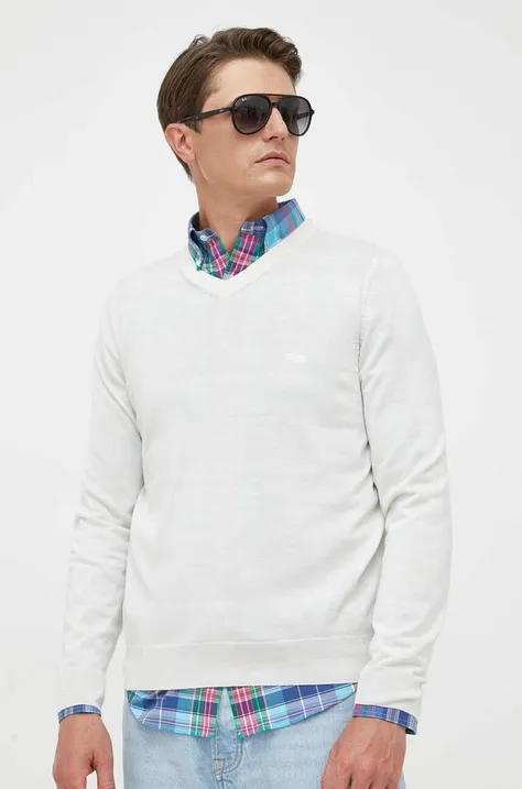 Vlnený sveter BOSS pánsky, biela farba, tenký