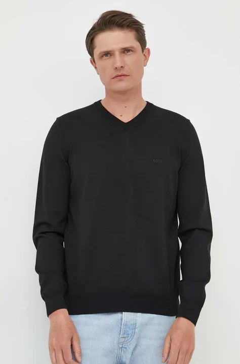 Μάλλινο πουλόβερ BOSS ανδρικά, χρώμα: μαύρο
