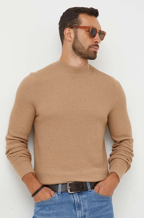 BOSS sweter wełniany męski kolor beżowy lekki z półgolfem