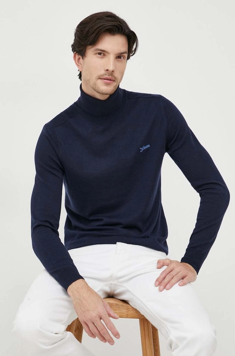 Guess sweter z domieszką jedwabiu kolor granatowy lekki z golferm