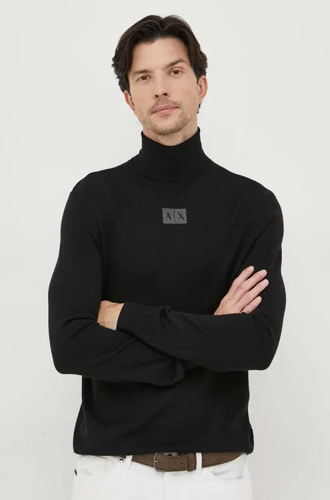 Vlnený sveter Armani Exchange pánsky, čierna farba, tenký, s rolákom