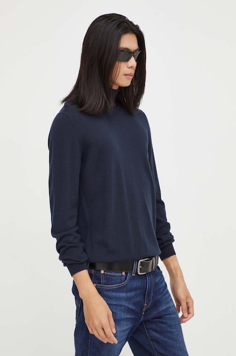 Шерстяной свитер Marc O'Polo мужской цвет синий лёгкий с гольфом