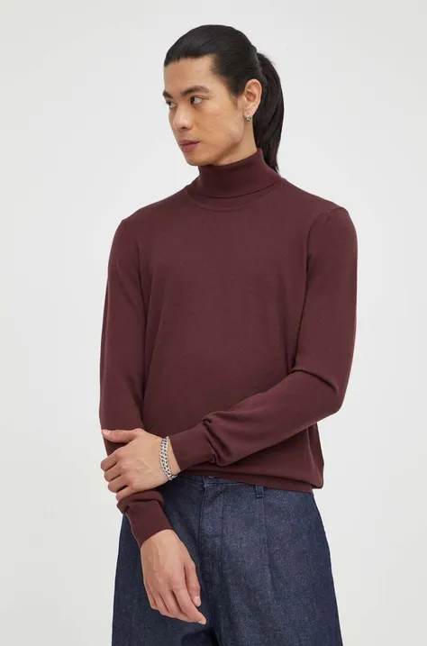 Vuneni pulover Marc O'Polo za muškarce, boja: bordo, lagani, s dolčevitom