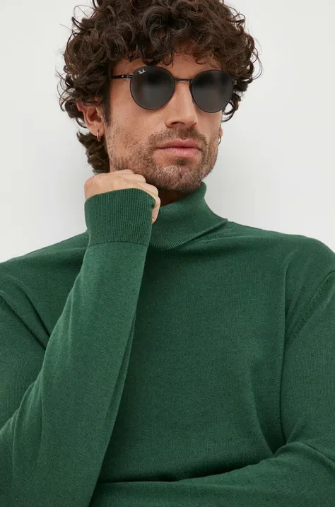 United Colors of Benetton gyapjúkeverék pulóver könnyű, férfi, zöld, garbónyakú