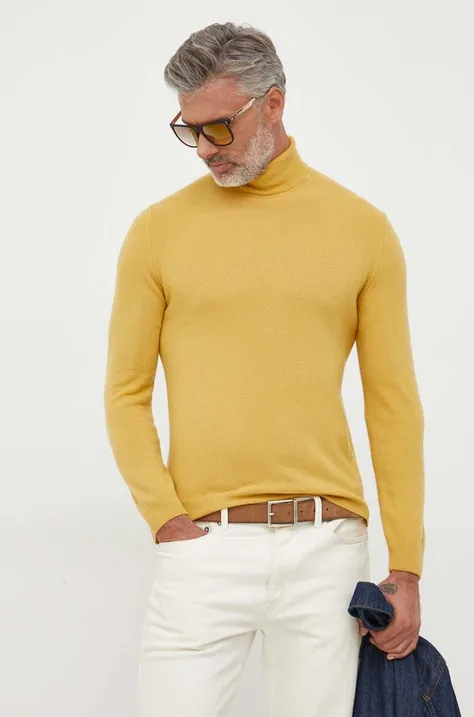 United Colors of Benetton sweter wełniany męski kolor żółty lekki z golferm