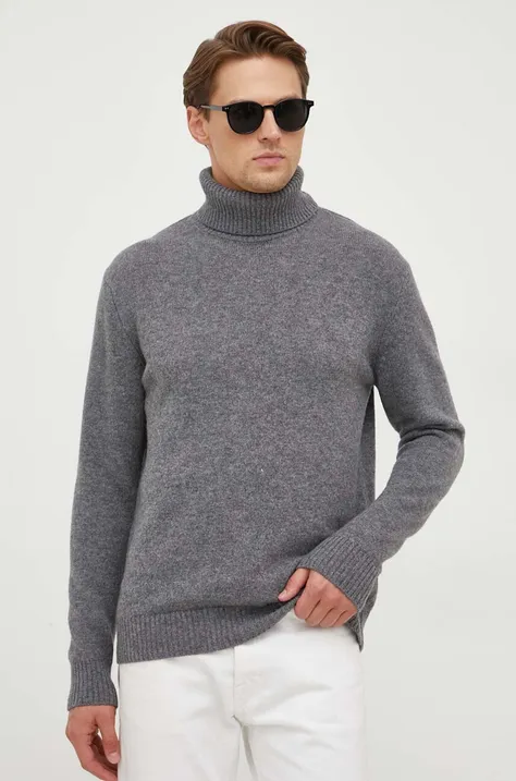 Vlněný svetr Sisley pánský, šedá barva, lehký, s golfem