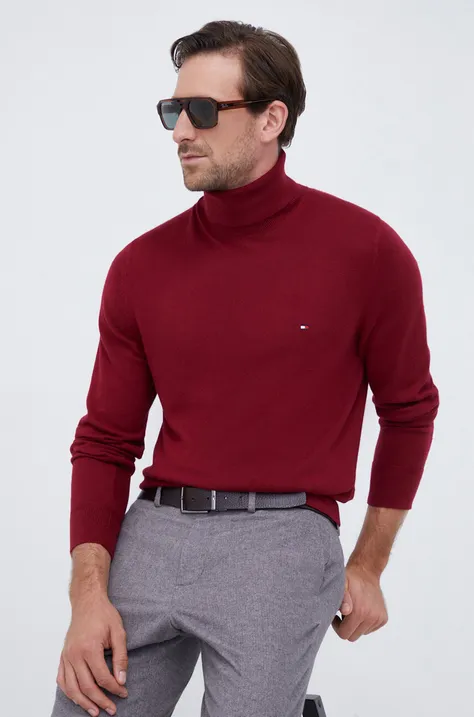 Tommy Hilfiger sweter z domieszką kaszmiru kolor bordowy lekki z golferm