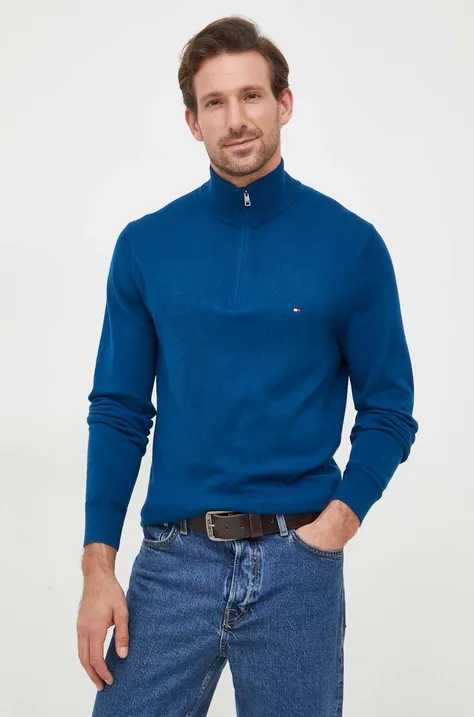 Tommy Hilfiger sweter z domieszką kaszmiru kolor niebieski lekki z półgolfem