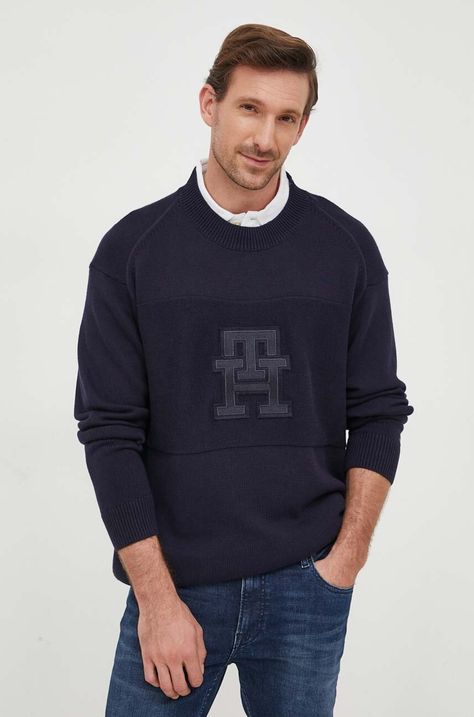 Βαμβακερό πουλόβερ Tommy Hilfiger χρώμα: ναυτικό μπλε