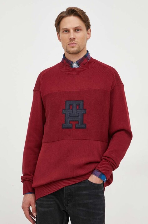Bavlněný svetr Tommy Hilfiger vínová barva, lehký