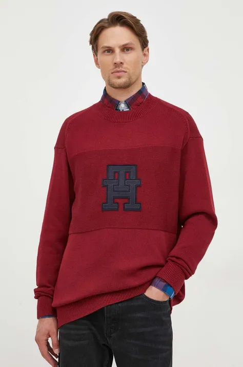Bavlnený sveter Tommy Hilfiger bordová farba, tenký