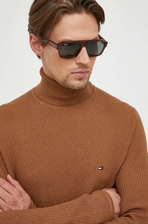 Tommy Hilfiger pulover de bumbac culoarea maro, cu guler