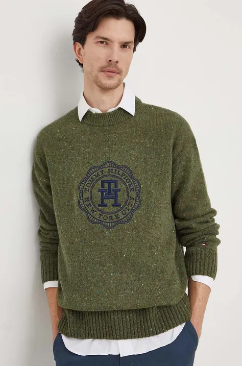 Tommy Hilfiger sweter wełniany męski kolor zielony