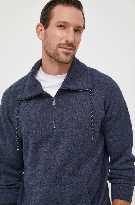 BOSS sweter z domieszką wełny męski kolor granatowy lekki z półgolfem