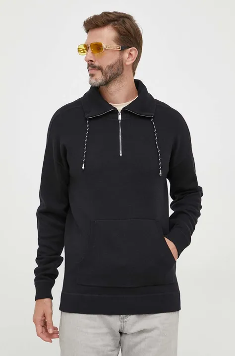 Пуловер с вълна BOSS мъжки в черно от лека материя с ниско поло