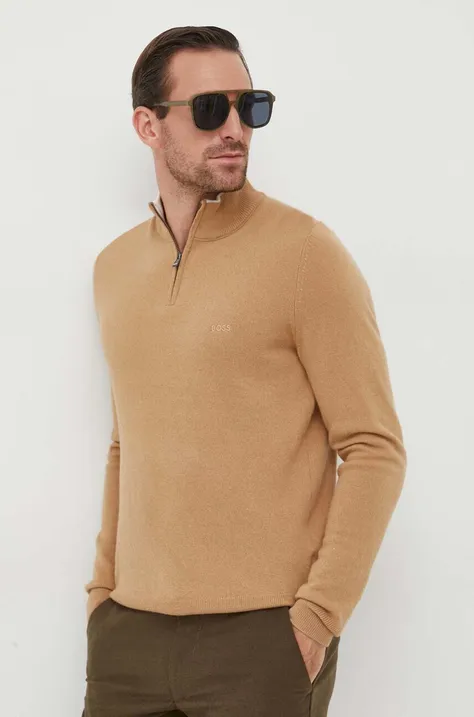 Вовняний светр BOSS чоловічий колір бежевий легкий півгольф
