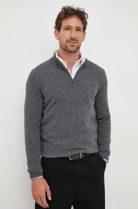 Вовняний светр BOSS чоловічий колір сірий легкий півгольф