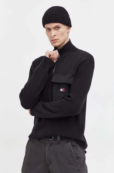 Tommy Jeans pamut pulóver fekete, félgarbó nyakú