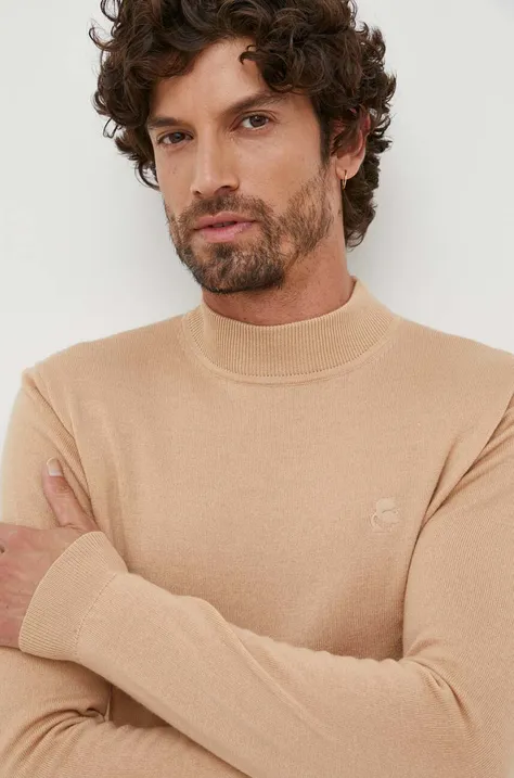 Karl Lagerfeld sweter wełniany męski kolor beżowy lekki