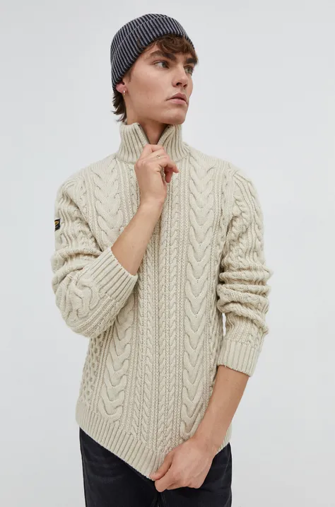Superdry sweter z domieszką wełny męski kolor beżowy ciepły z golferm