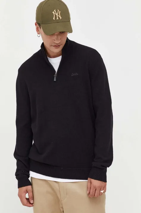 Superdry sweter z domieszką wełny męski kolor czarny z półgolfem