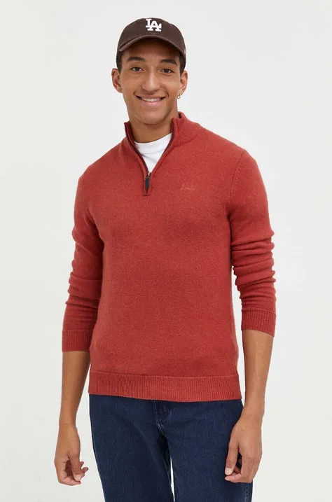 Superdry sweter z domieszką wełny męski kolor czerwony z półgolfem