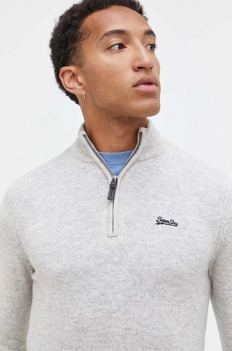 Superdry sweter z domieszką wełny męski kolor beżowy lekki z półgolfem