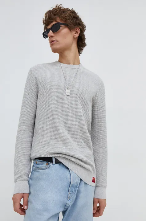 Памучен пуловер Superdry в сиво от лека материя