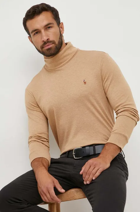 Хлопковый свитер Polo Ralph Lauren цвет бежевый лёгкий с гольфом