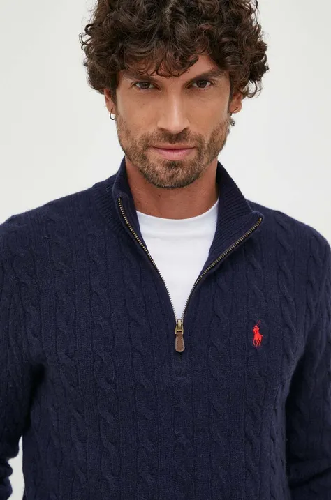 Vuneni pulover Polo Ralph Lauren za muškarce, boja: tamno plava, s poludolčevitom